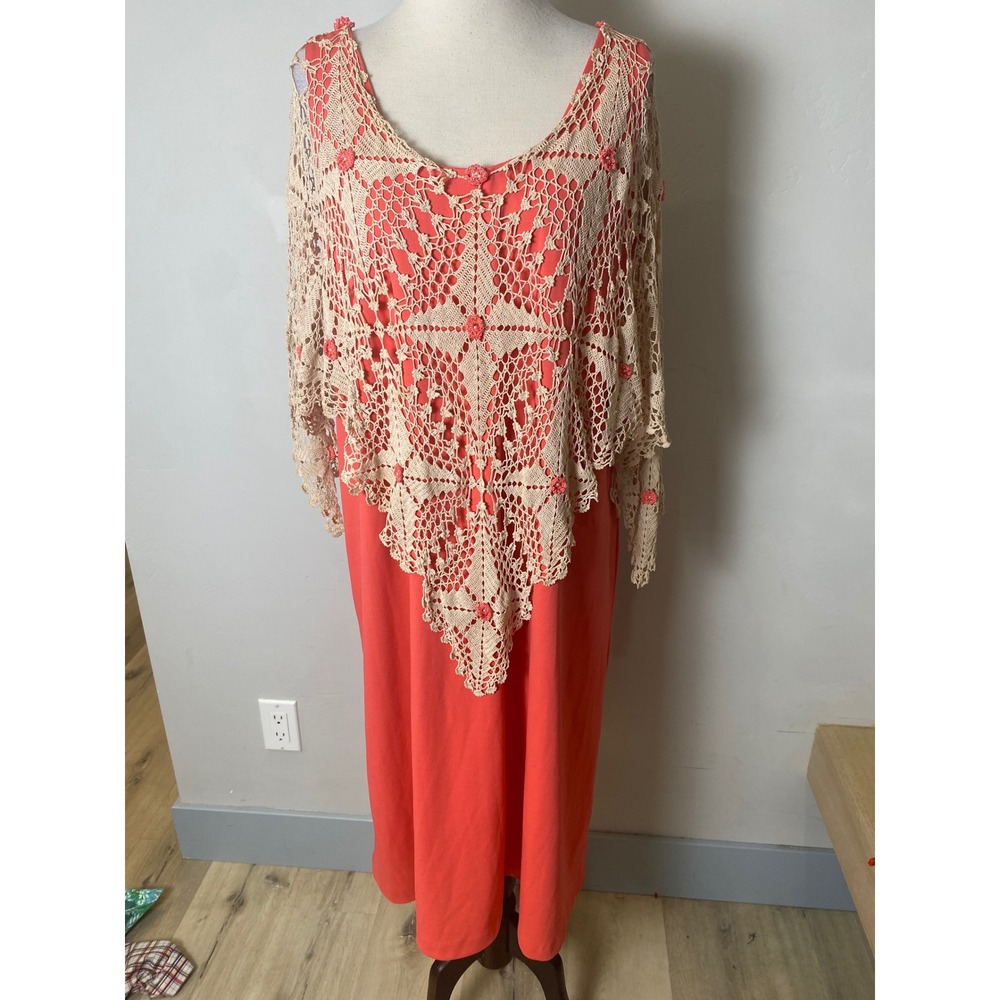 Vintage 70s Coral Orange Maxi Dress Crochet Lace Overlay Boho Hippie Festival
